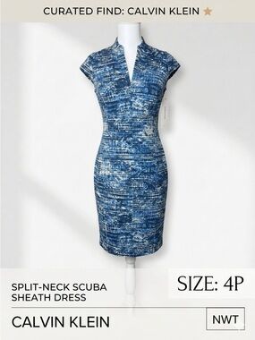 NWT Calvin Klein Blue Abstract Split-Neck
Scuba Sheath Dress Sz 4P